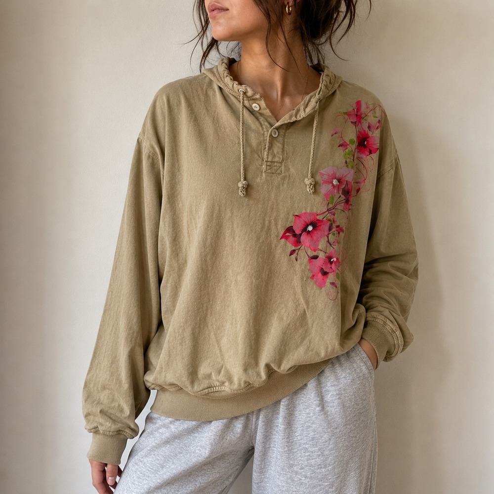 Crazy Shirts Tan Kona Coffee Dyed Bougainvillea Pullover Large Hawaii Coastal